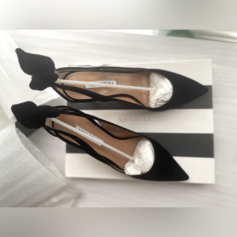 New! Aquazurra Black Suede Bow Tie Pump 85 Heel Shoes Size 10/40 - Picture 2 of 14